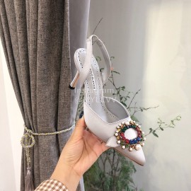 Manolo Blahnik Pearl Buckle Silk High Heel Sandals For Women Gray