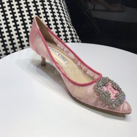 Manolo Blahnik Elegant Diamond Buckle Lace Shoes For Women 