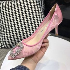 Manolo Blahnik Elegant Diamond Buckle Lace Shoes For Women 