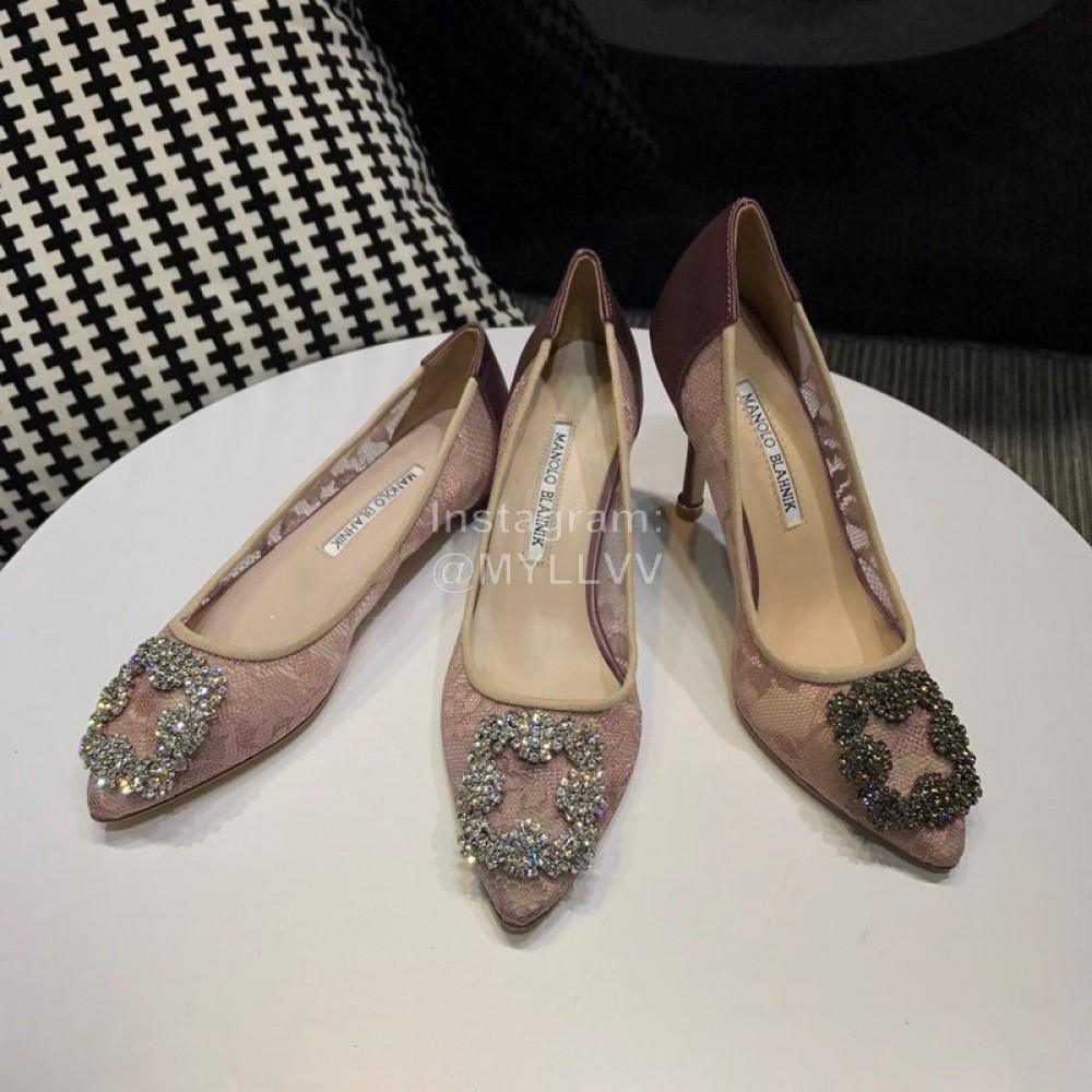 Manolo Blahnik Elegant Diamond Buckle Lace Shoes For Women Pink