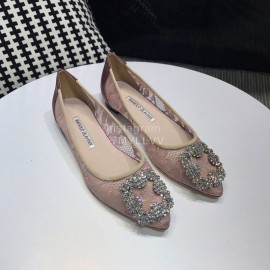 Manolo Blahnik Elegant Diamond Buckle Lace Shoes For Women Pink