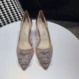 Manolo Blahnik Elegant Diamond Buckle Lace Shoes For Women Pink