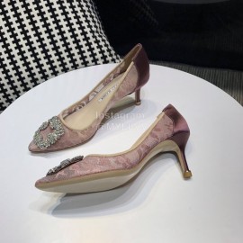 Manolo Blahnik Elegant Diamond Buckle Lace Shoes For Women Pink