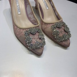 Manolo Blahnik Elegant Diamond Buckle Lace Shoes For Women Pink