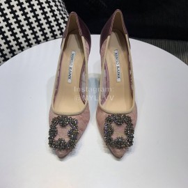 Manolo Blahnik Elegant Diamond Buckle Lace Shoes For Women Pink