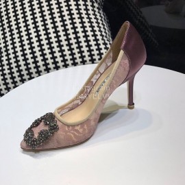 Manolo Blahnik Elegant Diamond Buckle Lace Shoes For Women Pink