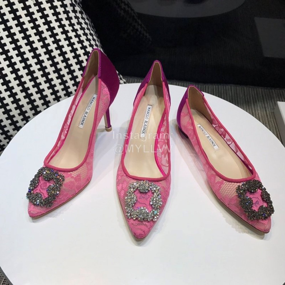 Manolo Blahnik Elegant Diamond Buckle Lace Shoes For Women Rose Red