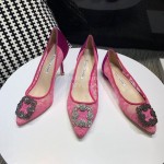 Manolo Blahnik Elegant Diamond Buckle Lace Shoes For Women Rose Red