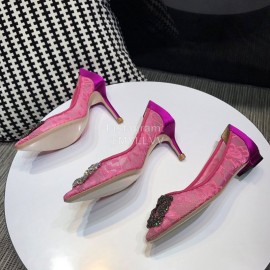 Manolo Blahnik Elegant Diamond Buckle Lace Shoes For Women Rose Red