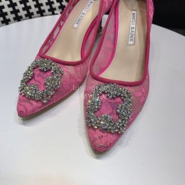 Manolo Blahnik Elegant Diamond Buckle Lace Shoes For Women Rose Red
