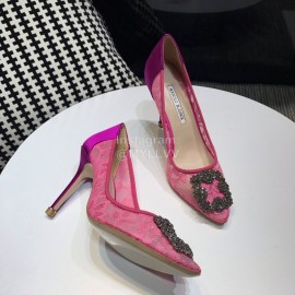 Manolo Blahnik Elegant Diamond Buckle Lace Shoes For Women Rose Red