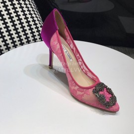 Manolo Blahnik Elegant Diamond Buckle Lace Shoes For Women Rose Red