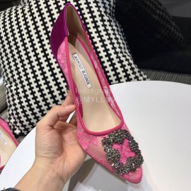 Manolo Blahnik Elegant Diamond Buckle Lace Shoes For Women Rose Red