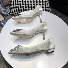 Manolo Blahnik Elegant Diamond Buckle Lace Shoes For Women White