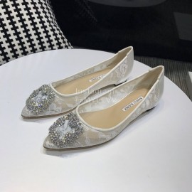 Manolo Blahnik Elegant Diamond Buckle Lace Shoes For Women White