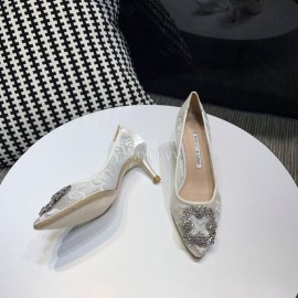 Manolo Blahnik Elegant Diamond Buckle Lace Shoes For Women White