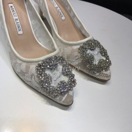 Manolo Blahnik Elegant Diamond Buckle Lace Shoes For Women White