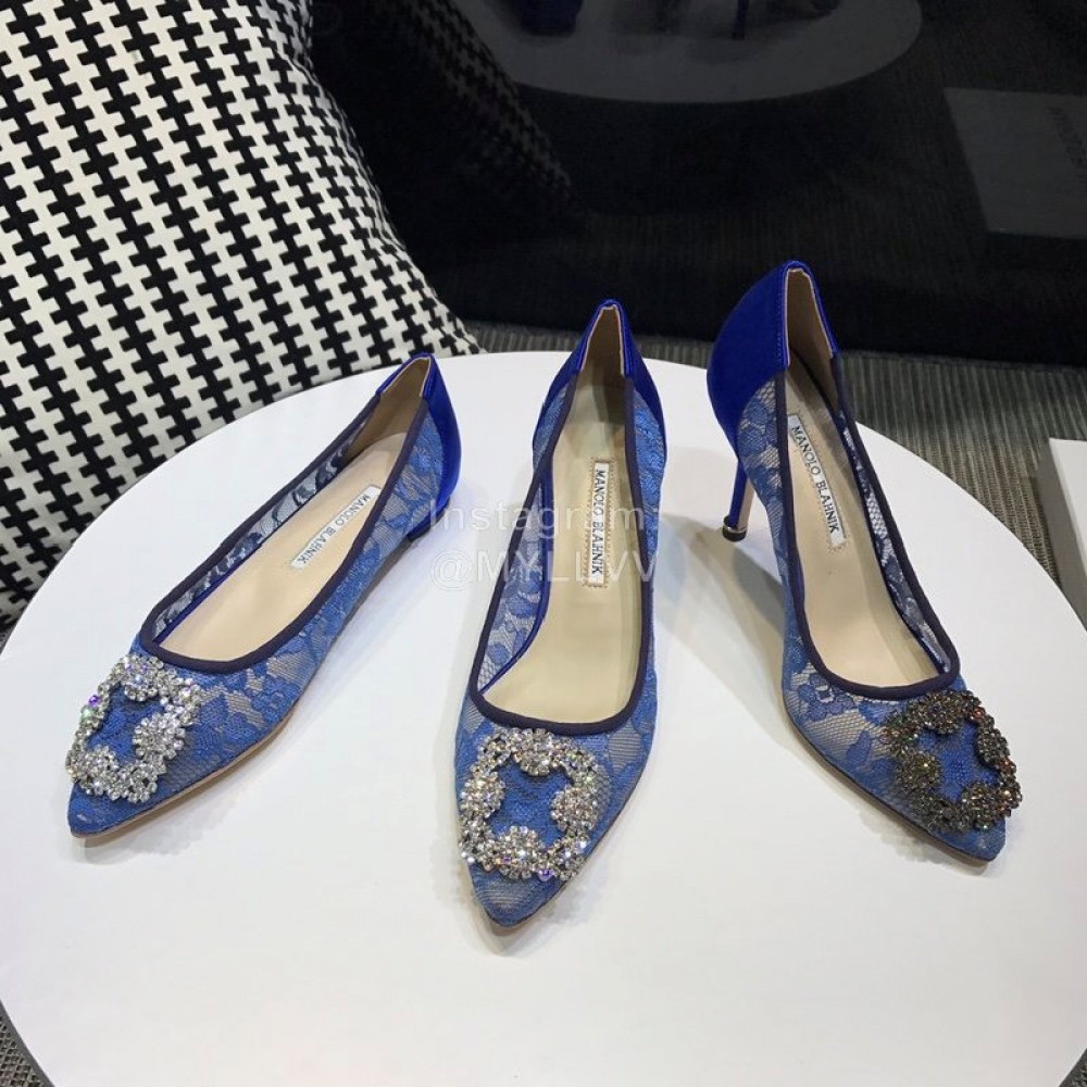 Manolo Blahnik Elegant Diamond Buckle Lace Shoes For Women Blue