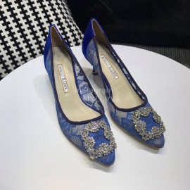 Manolo Blahnik Elegant Diamond Buckle Lace Shoes For Women Blue