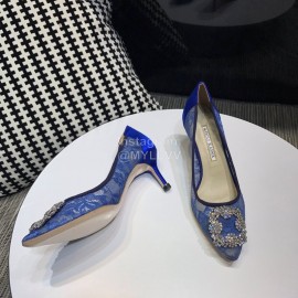 Manolo Blahnik Elegant Diamond Buckle Lace Shoes For Women Blue