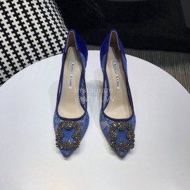 Manolo Blahnik Elegant Diamond Buckle Lace Shoes For Women Blue