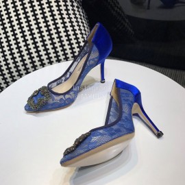 Manolo Blahnik Elegant Diamond Buckle Lace Shoes For Women Blue