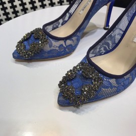 Manolo Blahnik Elegant Diamond Buckle Lace Shoes For Women Blue