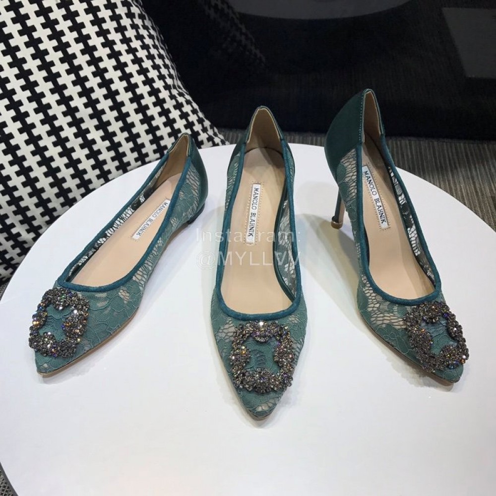 Manolo Blahnik Elegant Diamond Buckle Lace Shoes For Women Green
