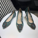 Manolo Blahnik Elegant Diamond Buckle Lace Shoes For Women Green