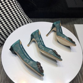 Manolo Blahnik Elegant Diamond Buckle Lace Shoes For Women Green