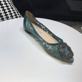 Manolo Blahnik Elegant Diamond Buckle Lace Shoes For Women Green