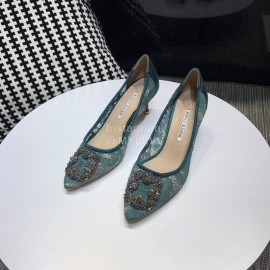 Manolo Blahnik Elegant Diamond Buckle Lace Shoes For Women Green