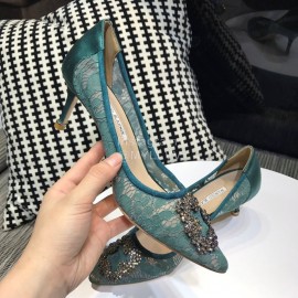 Manolo Blahnik Elegant Diamond Buckle Lace Shoes For Women Green