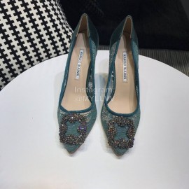 Manolo Blahnik Elegant Diamond Buckle Lace Shoes For Women Green