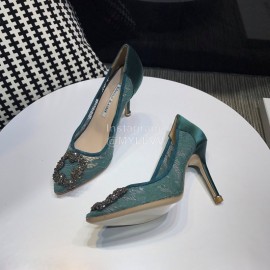 Manolo Blahnik Elegant Diamond Buckle Lace Shoes For Women Green