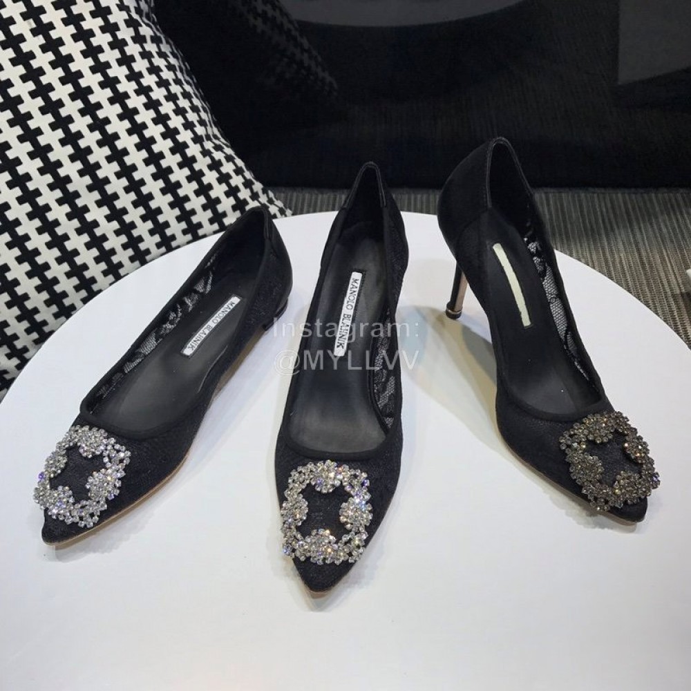 Manolo Blahnik Elegant Diamond Buckle Lace Shoes For Women Black