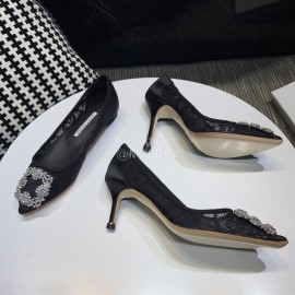 Manolo Blahnik Elegant Diamond Buckle Lace Shoes For Women Black