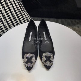 Manolo Blahnik Elegant Diamond Buckle Lace Shoes For Women Black