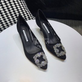 Manolo Blahnik Elegant Diamond Buckle Lace Shoes For Women Black