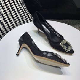 Manolo Blahnik Elegant Diamond Buckle Lace Shoes For Women Black