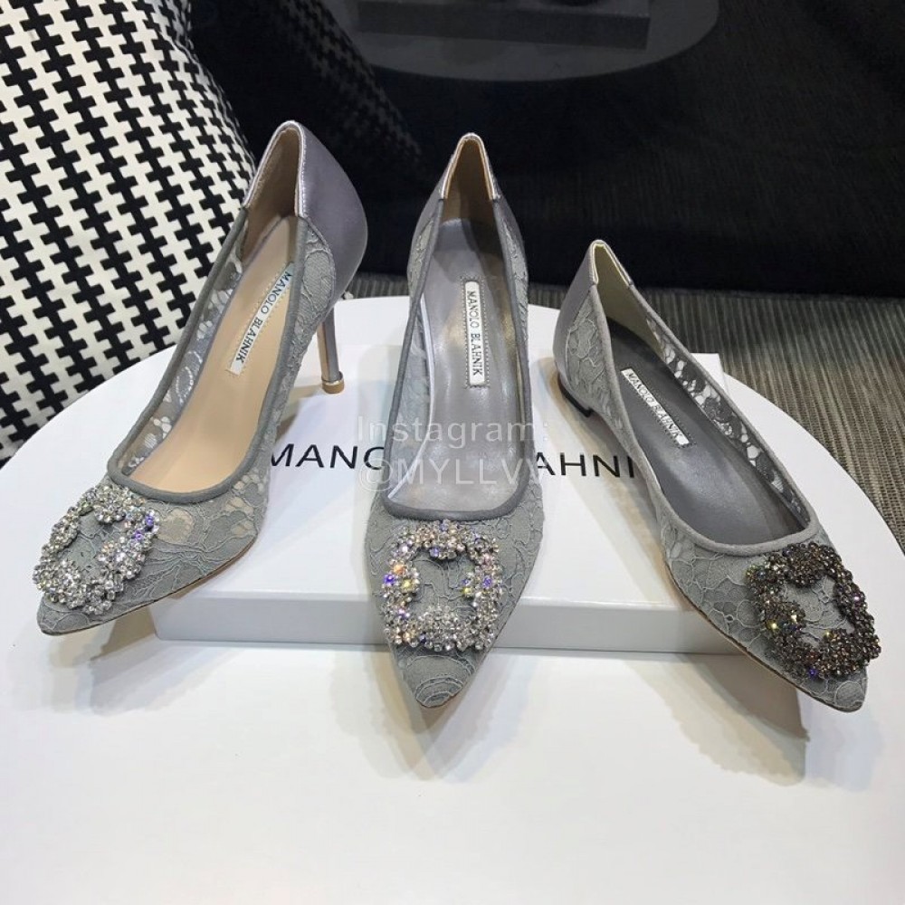 Manolo Blahnik Elegant Diamond Buckle Lace Shoes For Women Gray