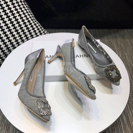 Manolo Blahnik Elegant Diamond Buckle Lace Shoes For Women Gray
