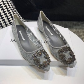 Manolo Blahnik Elegant Diamond Buckle Lace Shoes For Women Gray