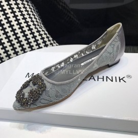 Manolo Blahnik Elegant Diamond Buckle Lace Shoes For Women Gray