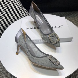Manolo Blahnik Elegant Diamond Buckle Lace Shoes For Women Gray