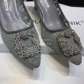 Manolo Blahnik Elegant Diamond Buckle Lace Shoes For Women Gray