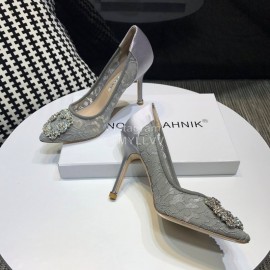 Manolo Blahnik Elegant Diamond Buckle Lace Shoes For Women Gray