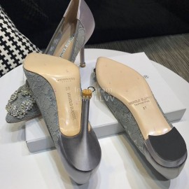 Manolo Blahnik Elegant Diamond Buckle Lace Shoes For Women Gray