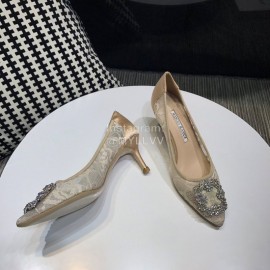 Manolo Blahnik Elegant Diamond Buckle Lace Shoes For Women Beige