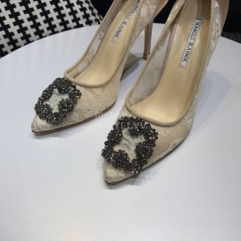Manolo Blahnik Elegant Diamond Buckle Lace Shoes For Women Beige